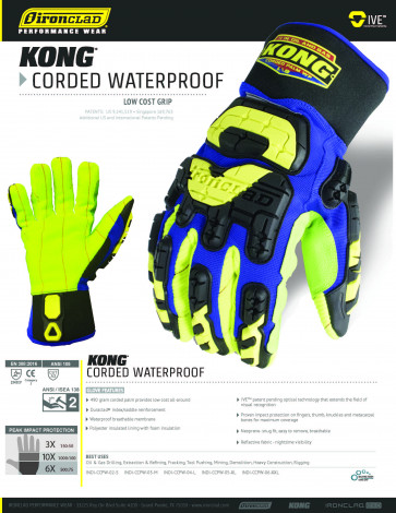Ironclad KONG impact Cotton Corded Waterproof  INDI-CCPW Industrial Glove