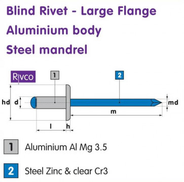 Rivco Blind Rivet Large Flange Aluminium Body Steel Mandrel AF