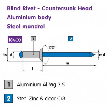 Rivco Blind Rivet Countersunk Head Aluminium Body Steel Mandrel AKS