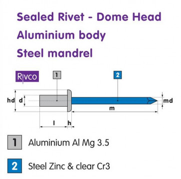Rivco Sealed Rivet Domed Head Aluminium Body Steel Mandrel ADSEAL
