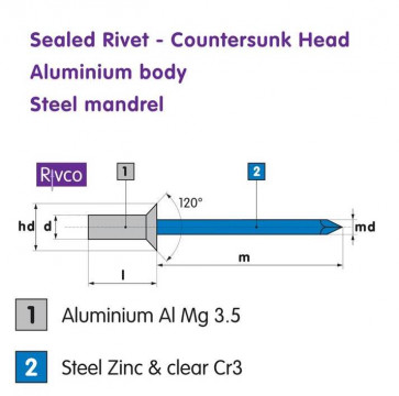 Rivco Sealed Rivet Countersunk Head Aluminium Body Steel Mandrel AKSEAL