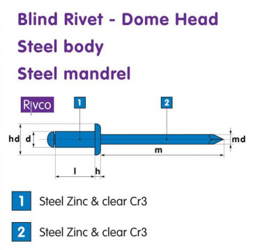 Rivco Blind Rivet Dome Head Steel Body Steel Mandrel SDS