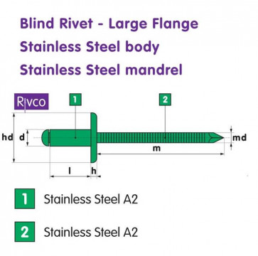 Rivco Blind Rivet Large Flange Stainless Steel Body Stainless Steel Mandrel SSF
