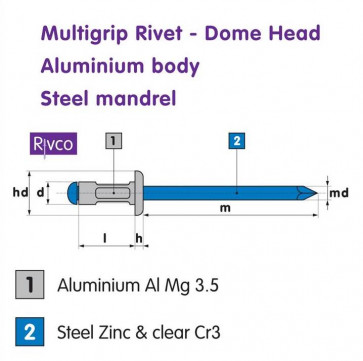 Rivco Multigrip Rivet Dome Head Aluminium Body Steel Mandrel ADM 