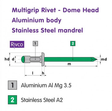 Rivco Multigrip Rivet Domed Head Aluminium Body Stainless Steel Mandrel ADMSS 