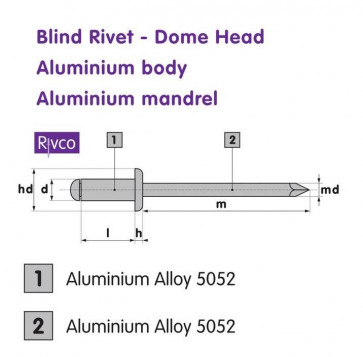 Rivco Blind Rivet Domed Head Aluminium Body Aluminium Mandrel ADA