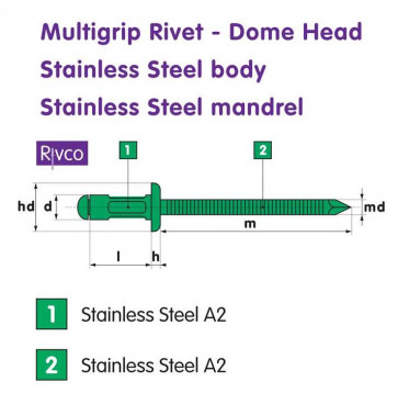 Rivco Multigrip Rivet Dome Head Stainless Steel Body Stainless Steel Mandrel SSDMSS