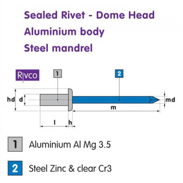 Rivco Sealed Rivet Dome Head Aluminium Body Steel Mandrel ADSEAL 