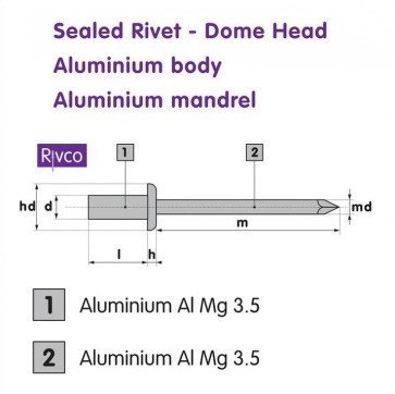 Rivco Sealed Rivet Dome Head Aluminium Body Aluminium Mandrel ADASEAL 