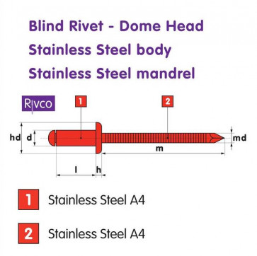 Rivco Blind Rivet Domed Head Stainless Steel Body Stainless Steel Mandrel A4SSDSS 
