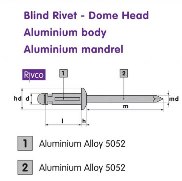 Rivco Blind Rivet Dome Head Aluminium Body Aluminium Mandrel TRI