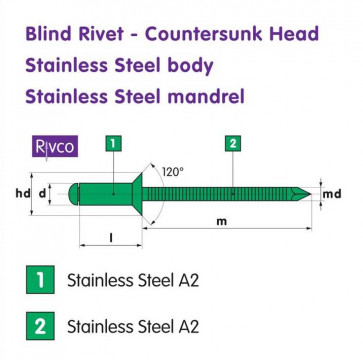 Rivco Blind Rivet Countersunk Head Stainless Steel Body Stainless Steel Mandrel SSK